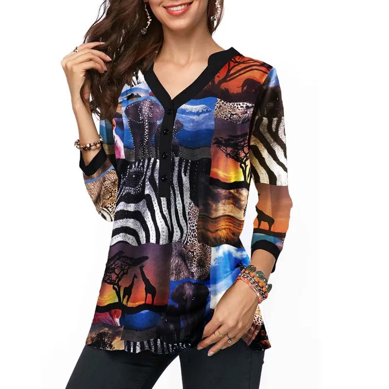 Женская винтажная блузка с V-образным вырезом и принтом животных | одежда