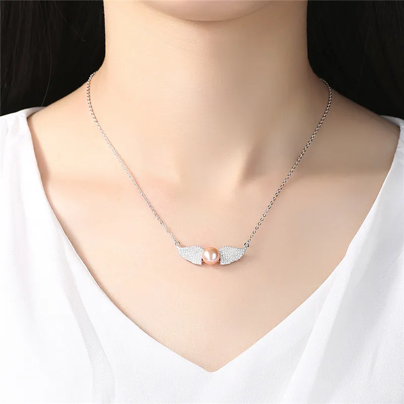 Authentic 925 Sterling Silver Angel Wings Clear CZ Necklaces Exquisite Pearl Pendant Necklace Luxury Jewelry Gift | Украшения и