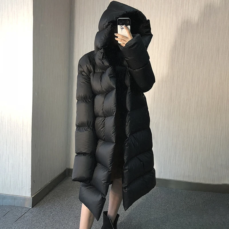 TWOTWINSTYLE, длинный женский зимний пуховик с капюшоном, длинный рукав, большие размеры, пальто для женщин, теплая Мода