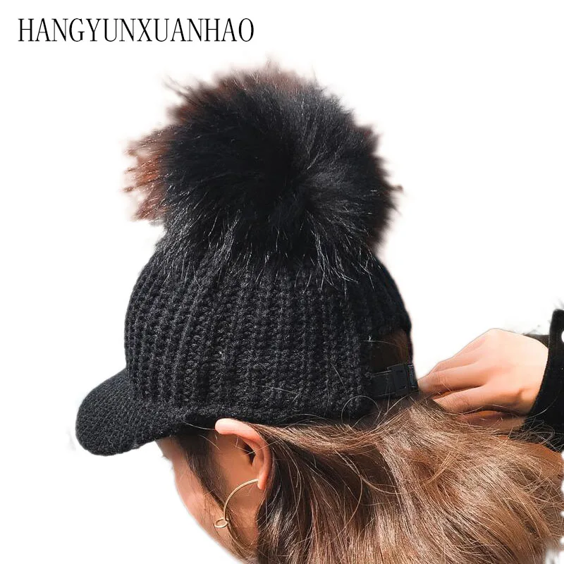 Fashion Big Hairball Baseball Caps for Women and Girl Autumn Winter Warm Knitted Hairy Hats Adjustable Wool Snapback Cap