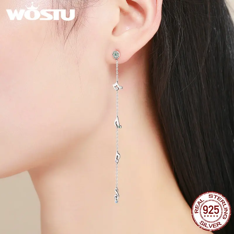 WOSTU Аутентичные 925 пробы Серебряные музыкальные ноты зеленый кубический циркон камень длинные висячие серьги для женщин элегантные ювелирные изделия BKE235