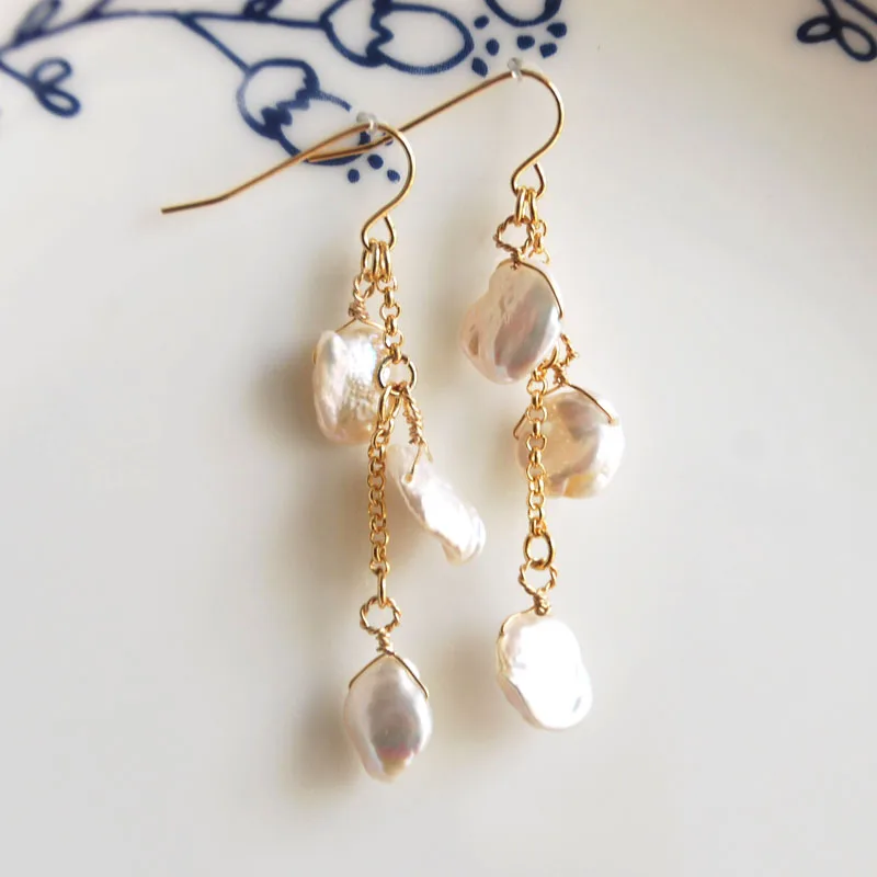 

gold color fashion jewelry dangle earrings handmade natural freshwater pearl for women gift free shipping