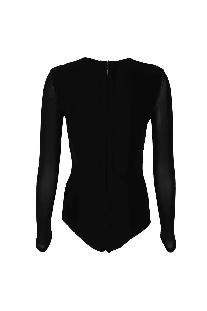 Black Apricot Long Sleeve V Neck Hollow Out Rayon Bandage Bodysuit Women Bikini