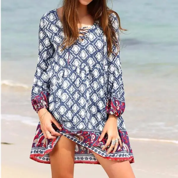 Robe de plage femme ete 2019 женское богемное Платье с принтом в национальном стиле