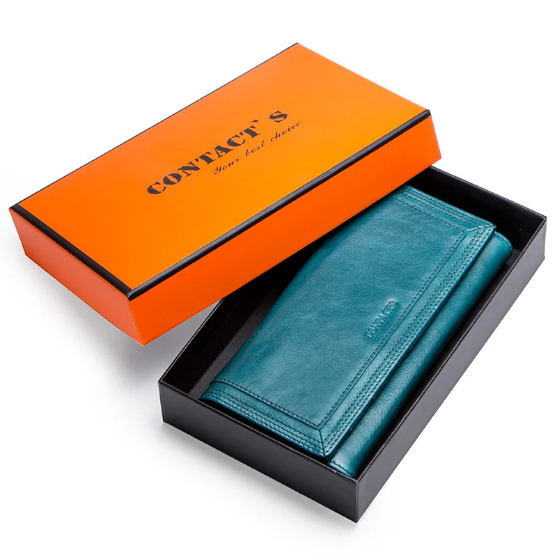 Contact's Fashion Women Wallets With Card Holder Genuine Leather Long Clutch Brand Design Female Coin Purses Cell Phone Pocket - Цвет: Peacork Blue Box