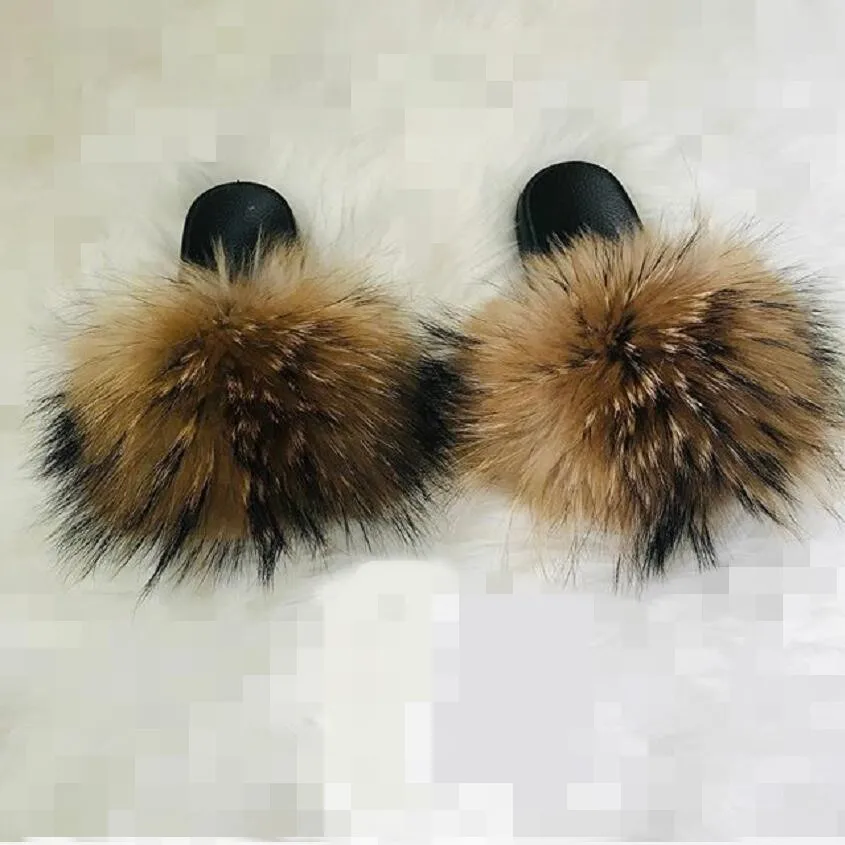 Raccoon fur Новинка; тапочки с лисьим мехом; женская повседневная обувь с натуральным мехом енота; качественные праздничные сандалии - Цвет: Raccoon fur