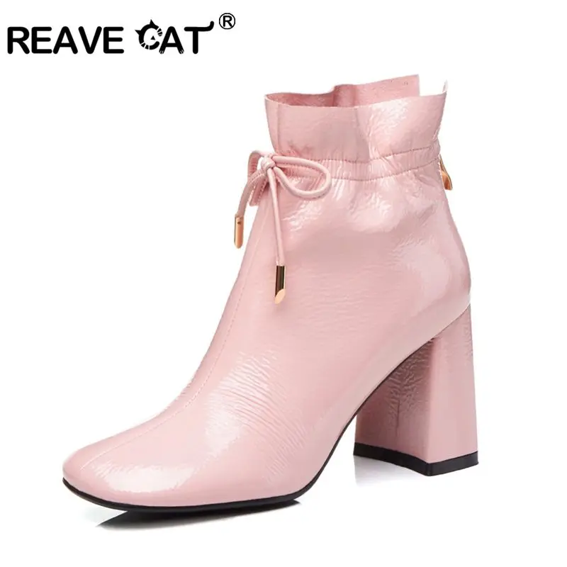 REAVE CAT/ботильоны на шнуровке, квадратный каблук средней высоты, квадратный носок, лакированная кожа, большие размеры US10, весенние черные, розовые, A1436