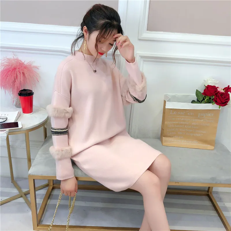 Mid-length Pullover Sweater Women's 2020 Autumn Winter Pearl Loose Dress Rabbit Fur Long-sleeved | Женская одежда