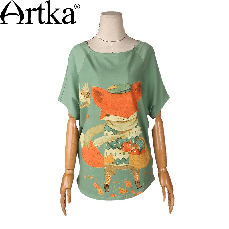 ARTKA/Летняя Новинка хлопковая Футболка с круглым вырезом и принтом лисы цвет