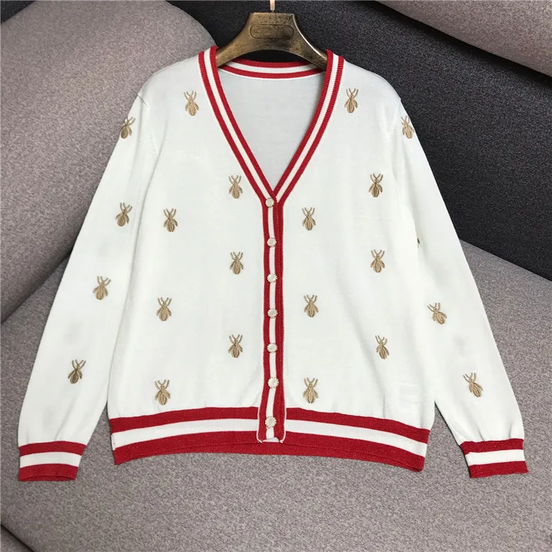 Luxury Designer Brand Knitted Cardigans for Women V Neck Bee Embroidery Bright Silk Thin Loose Sweater |