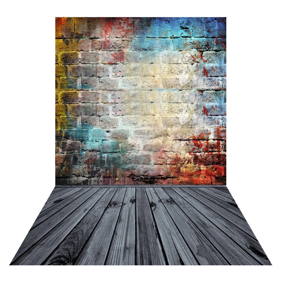 Фон для фотосъемки с изображением цветной кирпичной стены и деревянного пола фон