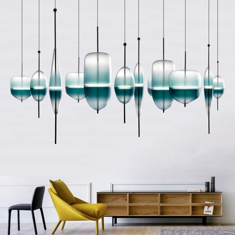 

Nordic Fashion LED Pendant Light Hanging Postmodern Restaurant Pendant Lamp Exhibition Hall Sample Blue Gradient Glass
