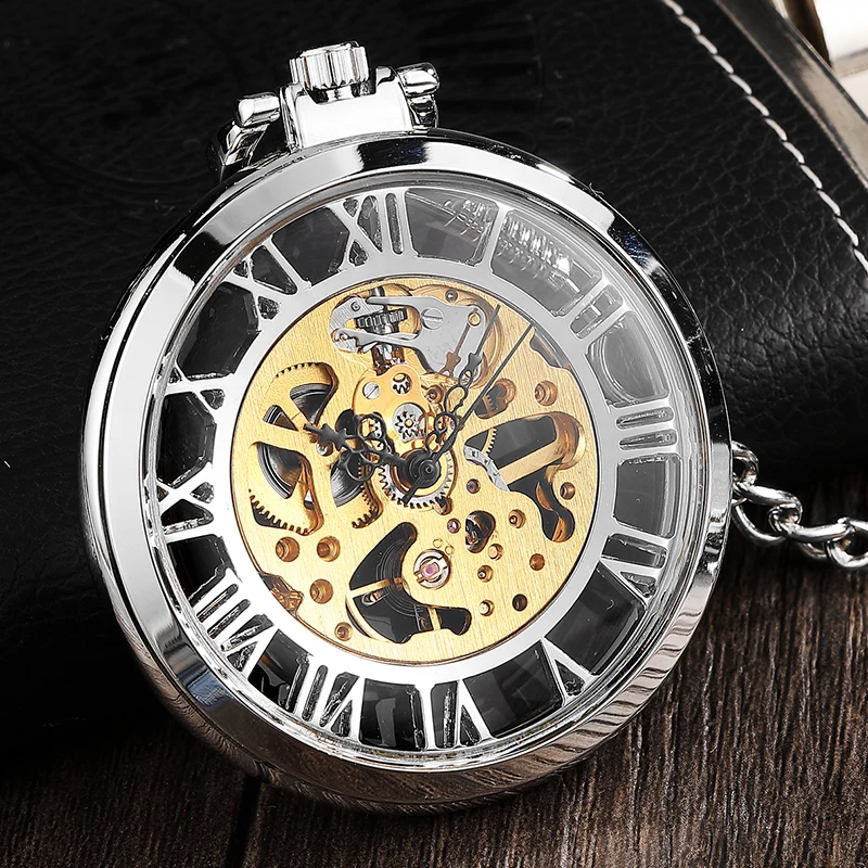 

Unique Silver Transparent Mechanical Pocket Watch Big Roman Numer Hollow Steampunk Necklace Vintage Watches Hand Winding For Men