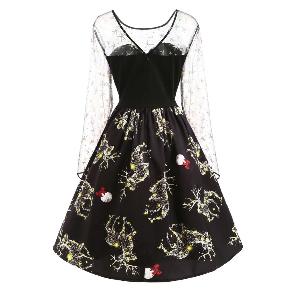 FREE OSTRICH Women Long Sleeve Vintage Casual Dress Christmas Star Elk Print Mesh Winter Party Dresses Autumn | Женская одежда