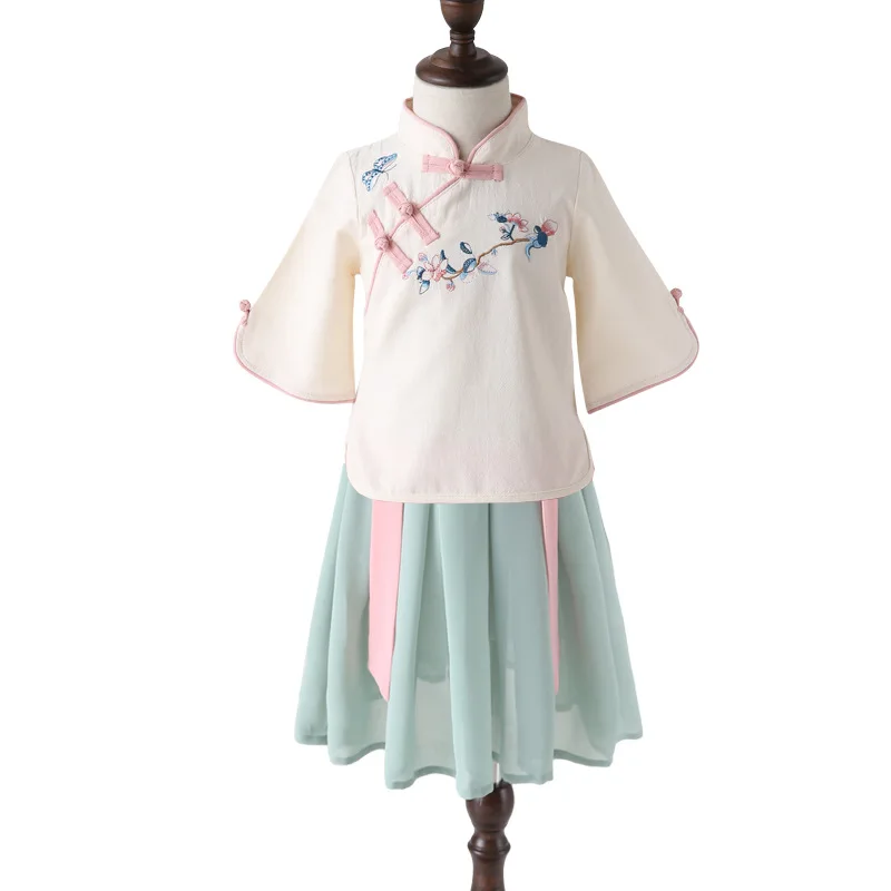 Одежда для девочек Hanfu/Детское платье в стиле Тан для маленьких девочек Cheongsam/Летняя одежда для девочек, комплект из 2 предметов, рубашка+ платье принцессы