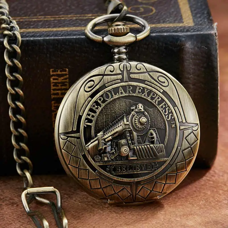 

Retro Mechanical Pocket Watch The Polar Express Design Roman Numerals Bronze Hollow Skeleton Mens Mechanical Pocket Watch Chain