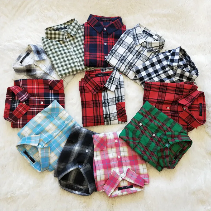 Женская клетчатая рубашка Повседневная с отворотом и карманами топы длинными