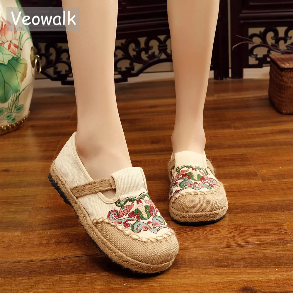 Veowalk ретро вышитые женские льняные холщовые Лоферы ручной работы с вышивкой