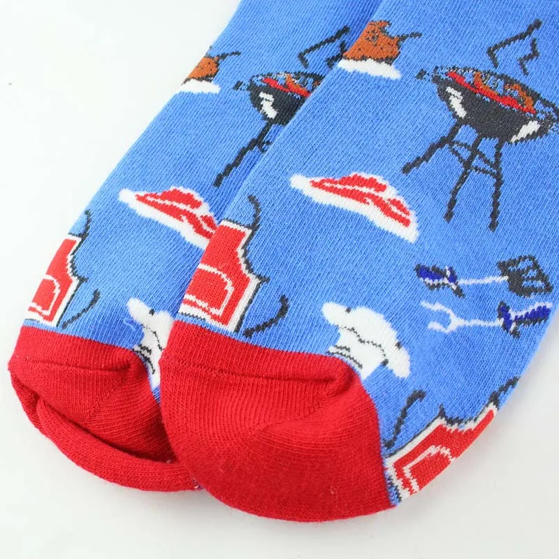 Взрослые хлопчатобумажные забавные носки по колено Happy Sweet Sox Universe Sketch барбекю пиво пицца жареное мясо динозавр автомобиль вино чашка слон