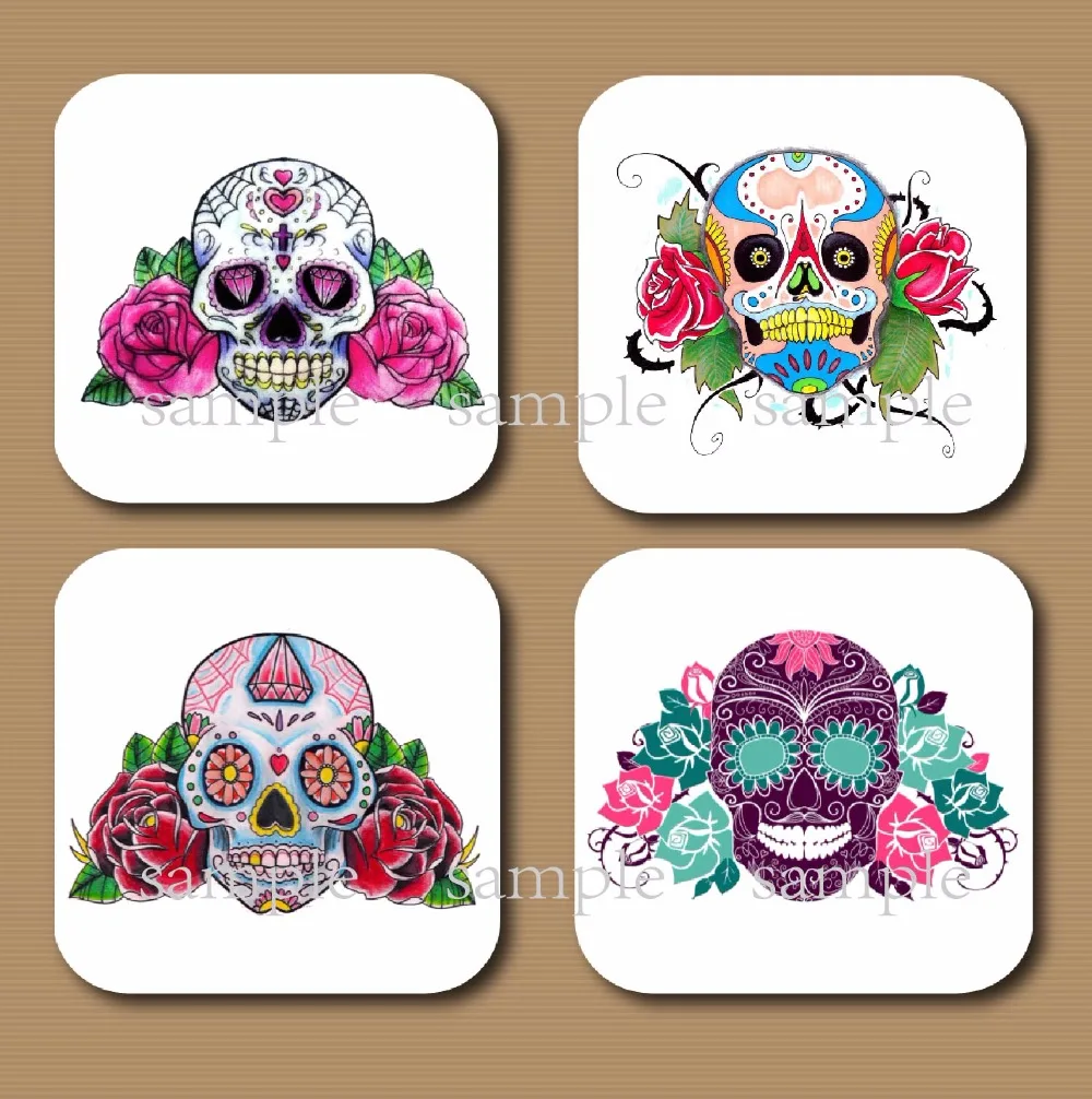 Набор из 4 мексиканских сахарных чашек в виде черепа деревянные подставки ДВП