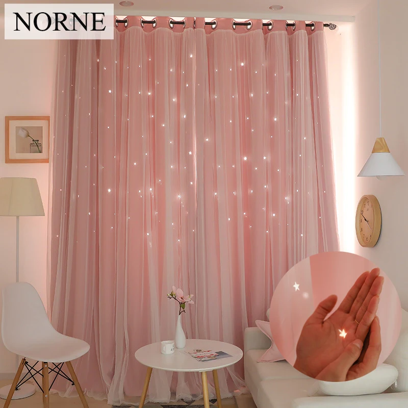 

NORNE Hollow Star Thermal Insulated Blackout Curtain for Living Room Bedroom Window Drape Blinds Stitched with White Voile