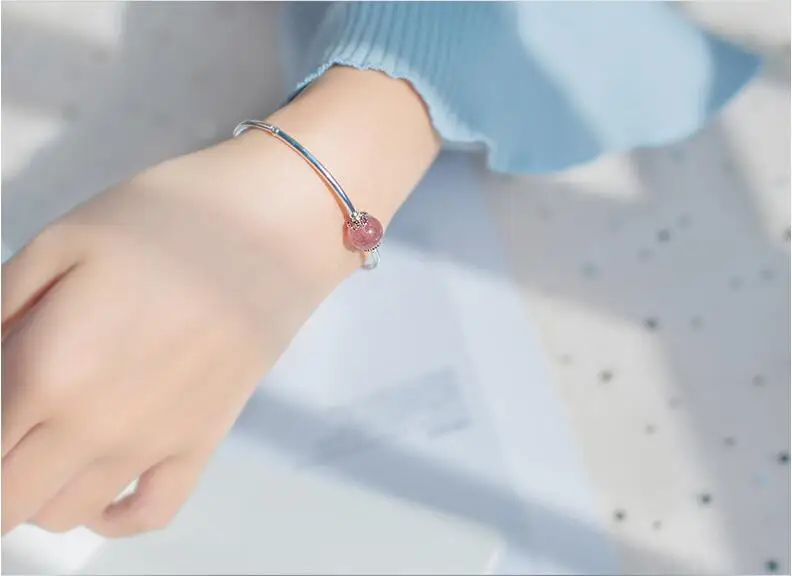 Серебряный браслет 100% реальная кожа серебряный с клубничным хрустальным бусином
