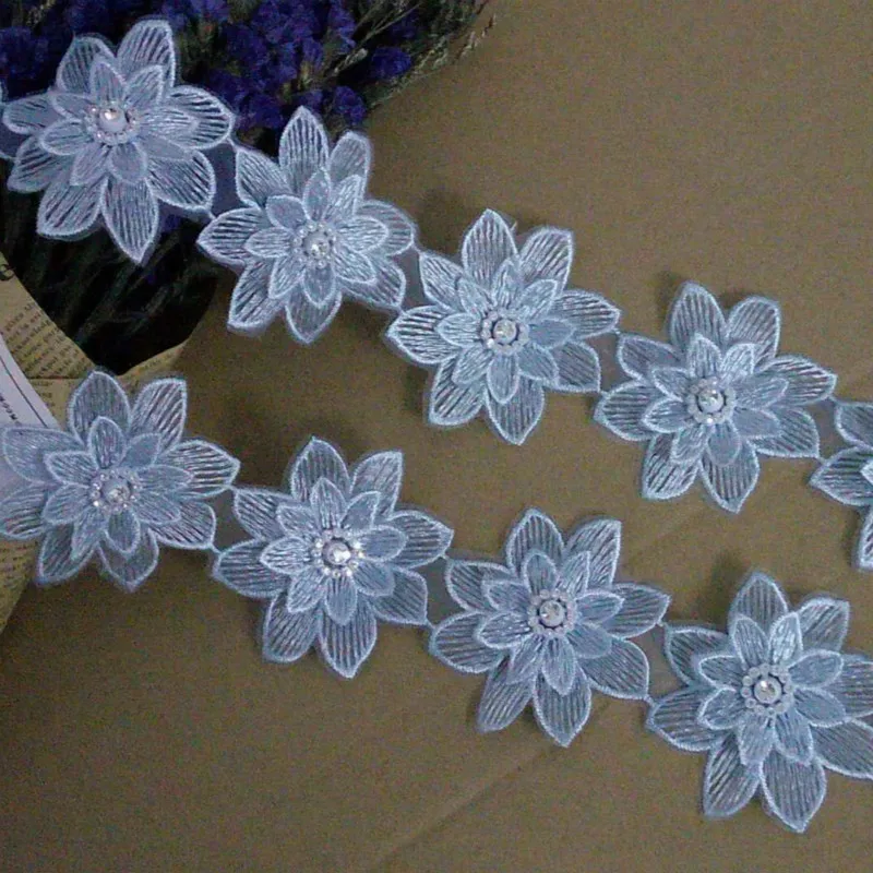 

10x Blue 7x7cm 3D Cotton Pearl Flower Embroidered Lace Trim Ribbon Fabric Handmade DIY Wedding Dress Sewing Supplies Craft