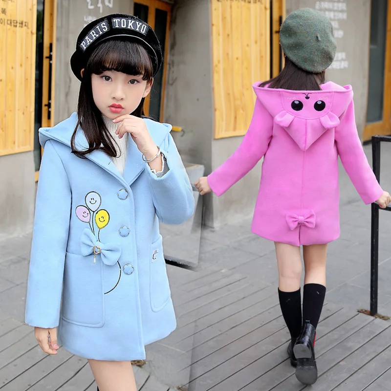Girls woolen Coat 2019 New Fashion Hooded Cute Bow Autumn and Winter Thick Children's Woolen Rose Red Light Blue | Детская одежда и