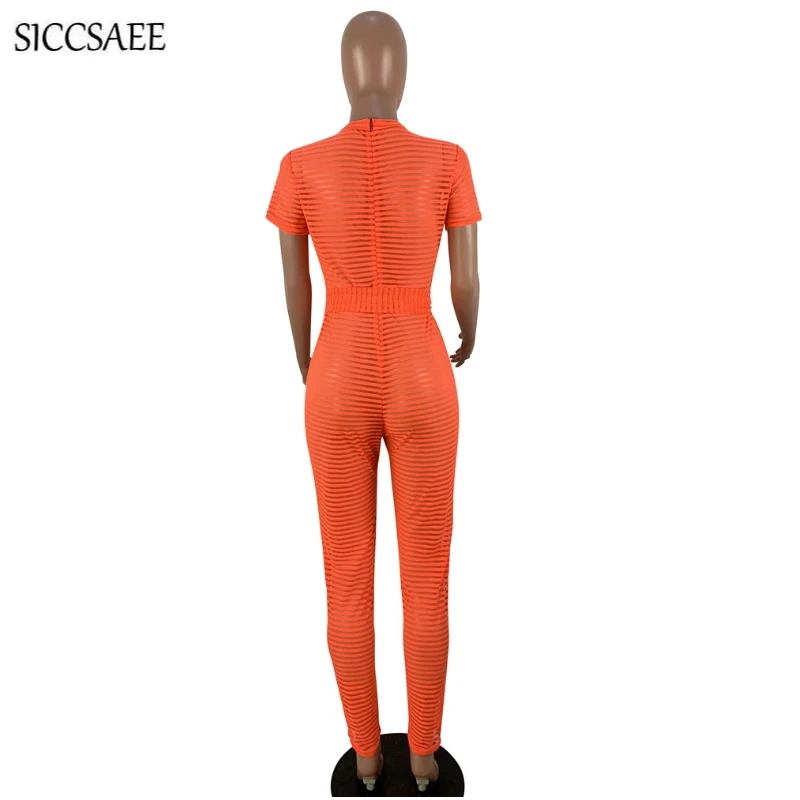 

Short Sleeve Bandage Jumpsuits For Women 2019 Summer Striped Perspective Mesh Bodycon Bodysuit With Sashes Back Zip Rompers