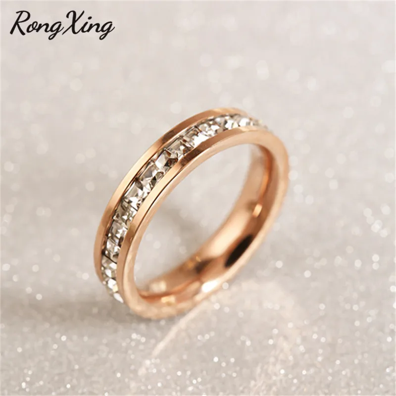 RongXing серебряные/Золотые/розовые золотые титановые стальные однорядные CZ кольца