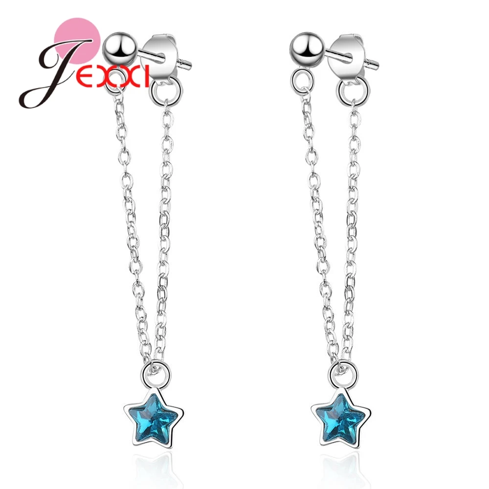 

Romantic Genuine 925 Sterling Silver Earrings Gifts For Lover Women Drop Earrings with Ocean Blue Stars Cubic Zirconia