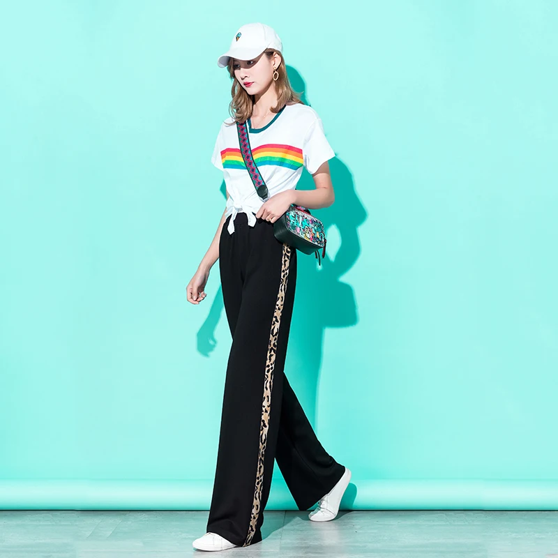 Весна 2019 женские трикотажные леопардовые широкие брюки черные повседневные