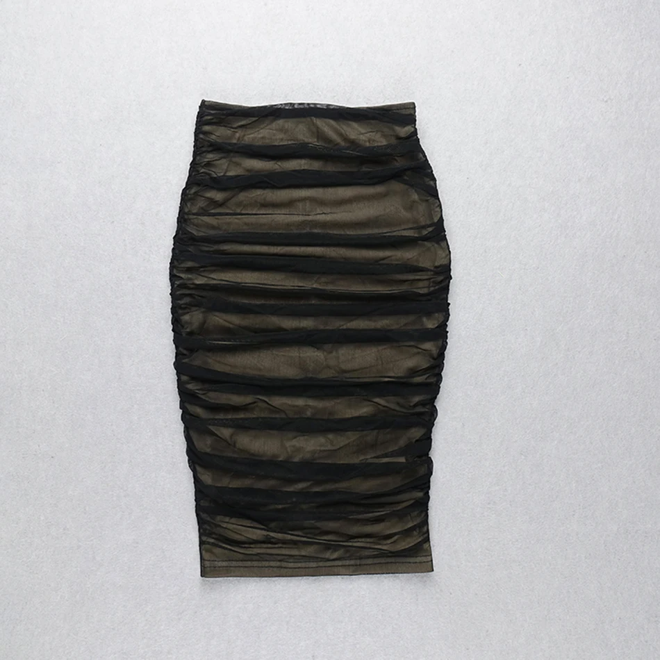 Высокая талия сетка Ruched длиной до колена Женская юбка черная сексуальная Wrinke
