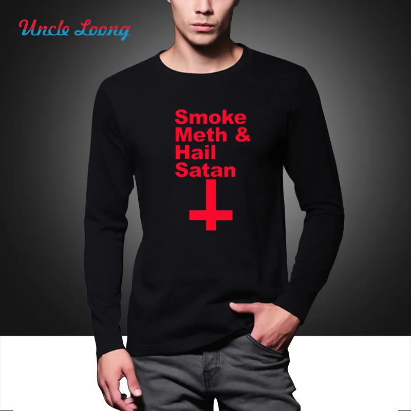 Style Fashion SMOKE METH HAIL SATAN T Shirt Men Casual long Sleeve Keep Calm and Worship Satan Funny O-neck Autumn T-shirt | Мужская