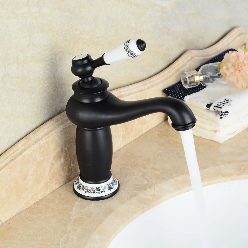 

Bathroom Faucet Black Oil Rubbed Brass finish Ceramic Flower Pattern Basin Sink Faucet Single Handle water taps anf504
