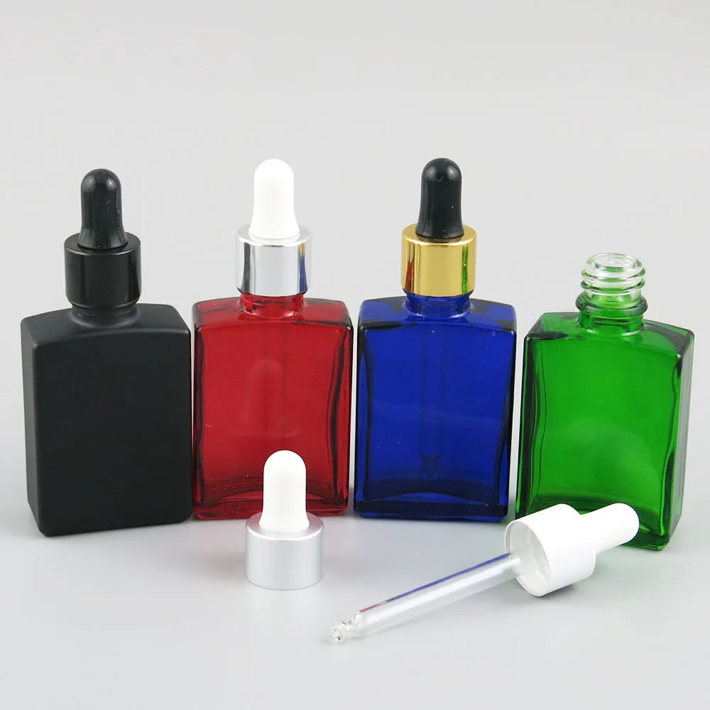 12 x 30ml Square Flat 1oz white Black Clear Blue Glass E liquid Container With Gold Drop  30cc Drop Containers