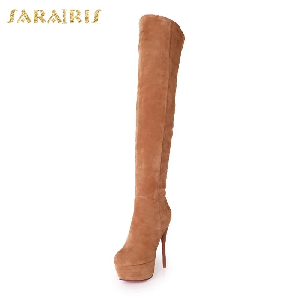 Цвет: желтый SARAIRIS/распродажа, большие размеры 32-43, Сапоги выше колена модные вечерние женские туфли на высоком тонком каблуке и платформе женские высокие сапоги - Цвет: Цвет: желтый