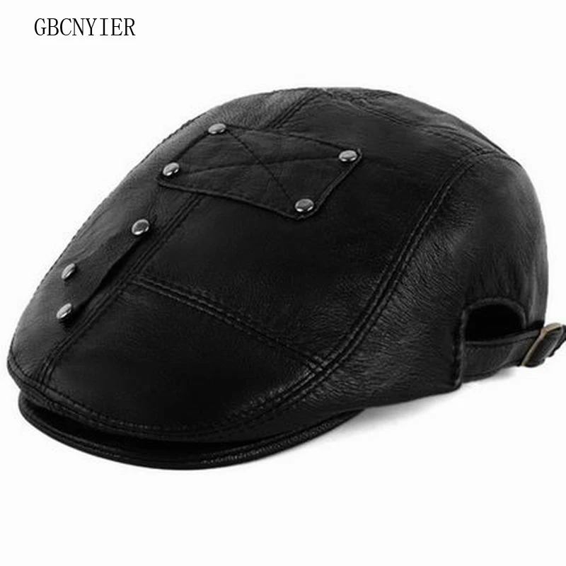 GBCNYIER Fashion Men Casual Spring Berets Outdoor Keep Warm Winter Leather Hat Old Man Real Beret Sheepskin | Аксессуары для