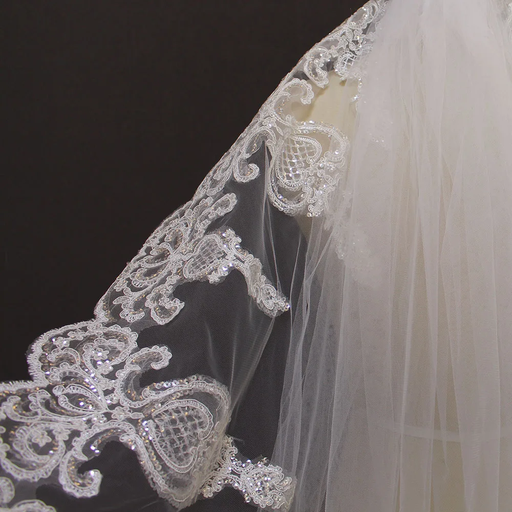 Новый 3 м кружевной крайний слой Соборная вуаль Длинная фата невесты для свадьбы