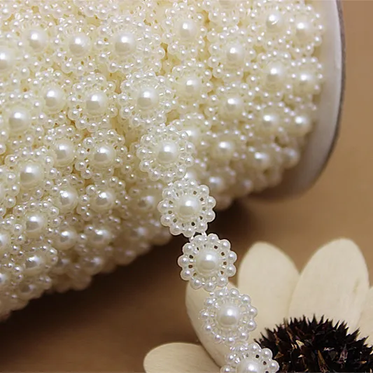 

25m/roll 10mm Exquisite Sunflower Shape Imitation Pearls Chain flatback DIY Wedding Dress Decoration,V18