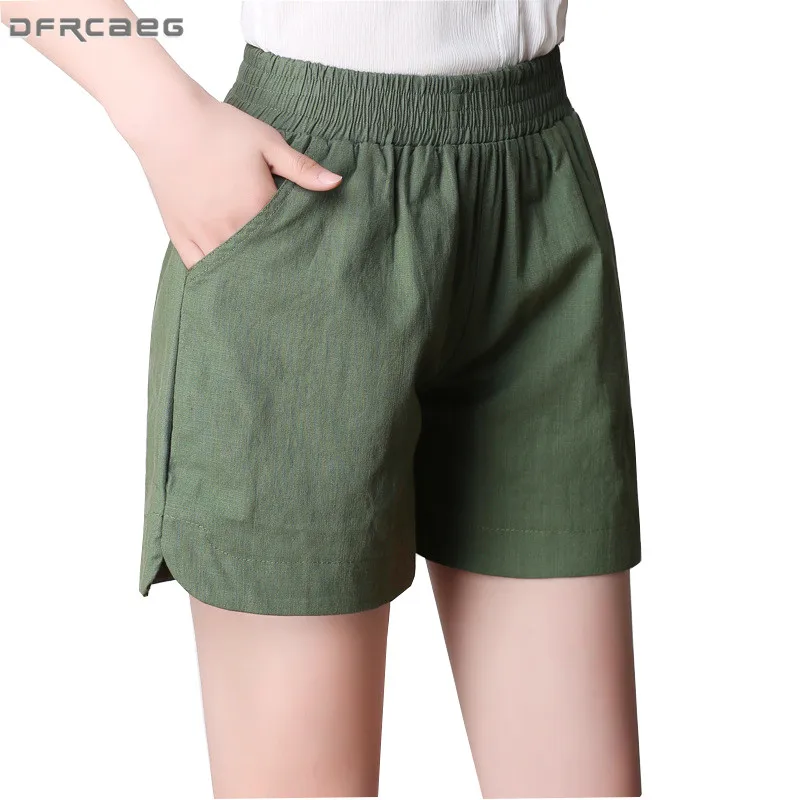 4XL Big Size Womens Shorts Summer 2018 Fashion Loose Elastic Waist Cotton Linen Short Trousers Femme With Pocket Candy Color