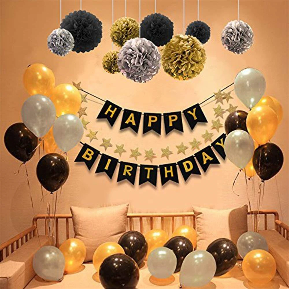 

Thanksgiving Decorations Black and Gold Party Decorations Birthday Banner Balloons Pom Poms For Birthday