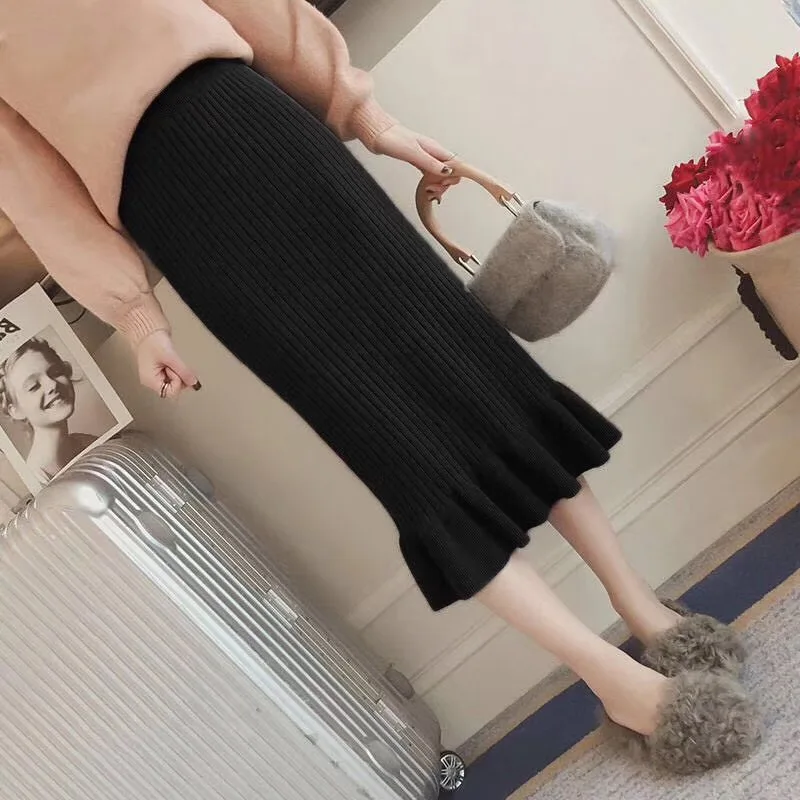 

Women Back Bodycon Elegant Midi Pencil Skirt Autumn Winter Casual Knitted Skirt High Waist Skirts Womens Jupe Femme Faldas
