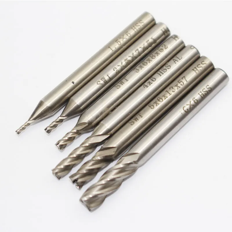 

6pcs HSS End Mill SET 4Flute 1.5mm 2mm 3mm 4mm 5mm 6mm Milling Cutter Set CNC Straight Shank Mill Cutter Router Bits CNC Tools