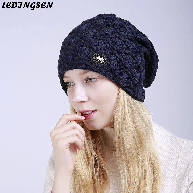 LEDINGSEN 2018 Осенние Синие Теплые флисовые толстые теплые вязаные шапки Skullies Beanies