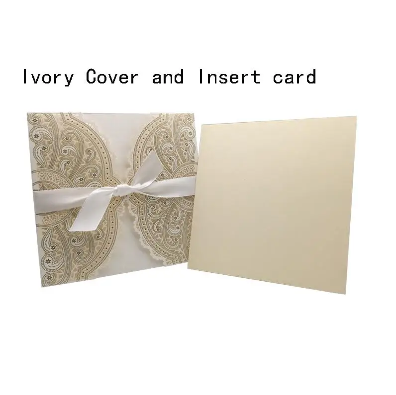 Ivory Cover Insert 50 шт., 4 цвета, лазерная резка, свадебные пригласительные открытки, открытки на заказ с лентой, вечерние украшения на день рождения, свадьбу - Цвет: Ivory Cover Insert