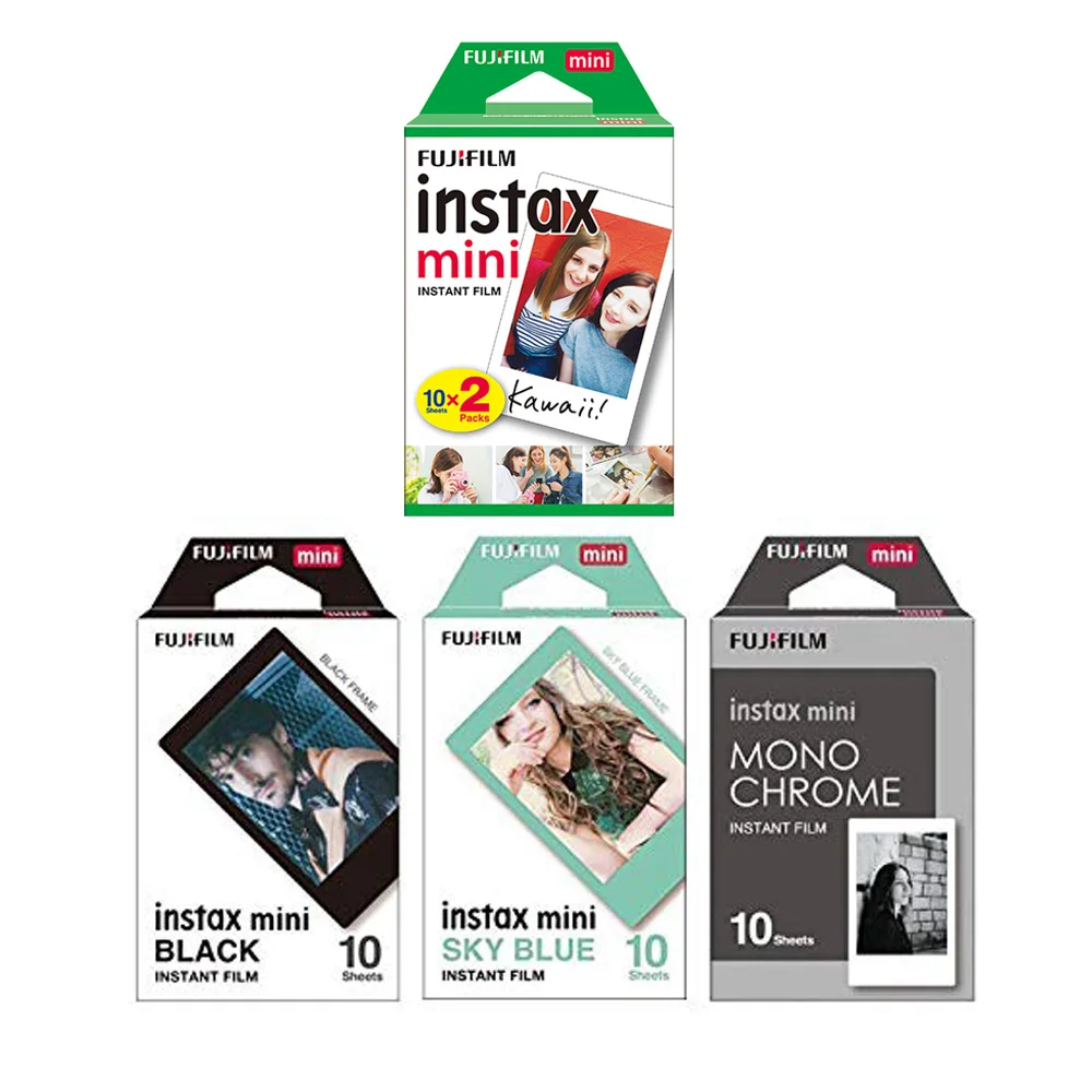 Fujifilm Instax Mini Instant Film 4 PACK SET небесно голубой + черный монохромный двойной пакет белый