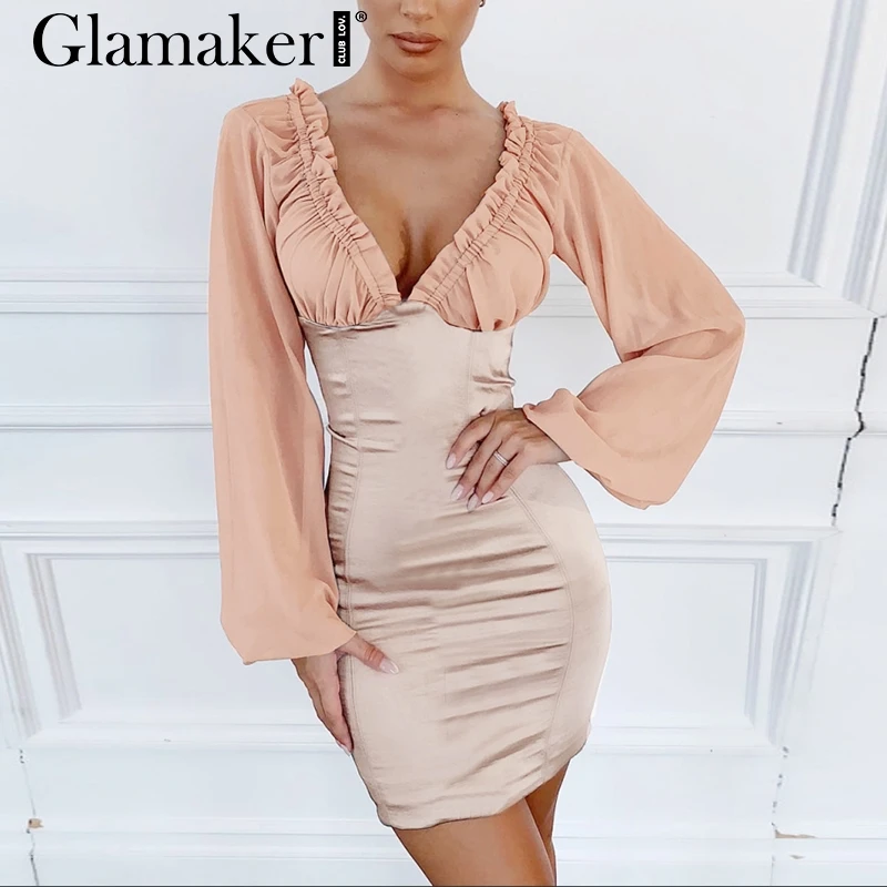 Женское платье-мини Glamaker вечернее платье с длинным рукавом и треугольным вырезом