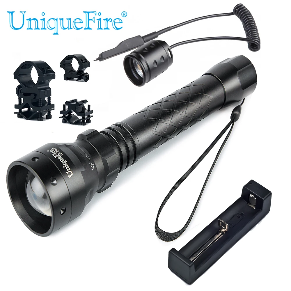 UniqueFire Flashlight Black UF-1502 IR 850nm Led Light T38 Torch Set+Charger+Tail Switch+Scope Mount f. Night Vision Hunting