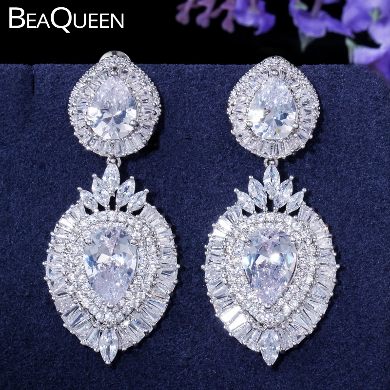 

BeaQueen Gorgeous Big Water Drop Cubic Zirconia Paved Baguette Crystal Long Dangle Earrings Bridal Wedding Party Jewelry E281